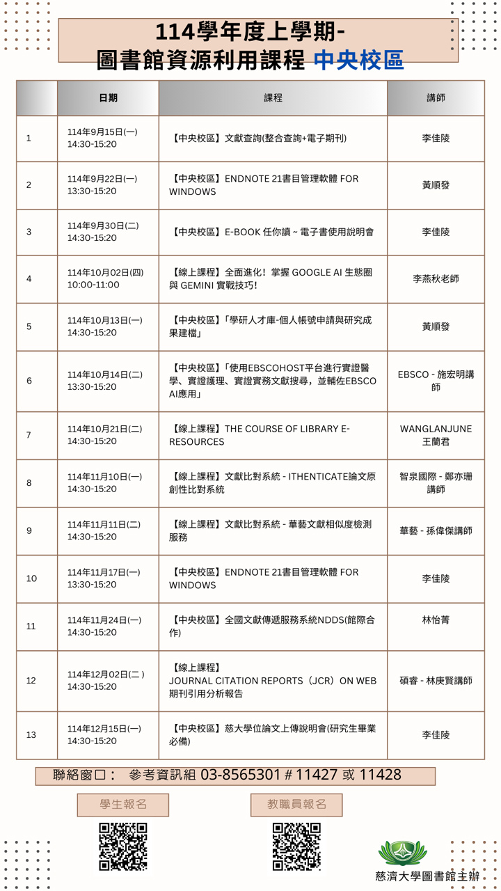 圖書館資源利用課程--中央校區海報